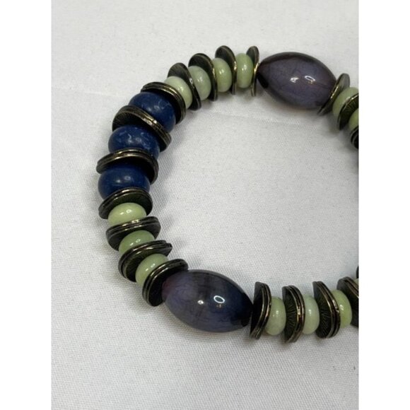 Boho Stretch Bracelet – Ballet Purple, Navy Blue & Sage Green Glass Beads with A - Picture 4 of 7